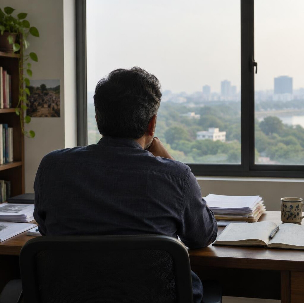 Silhouette of a researcher seen from behind at a desk facing a window