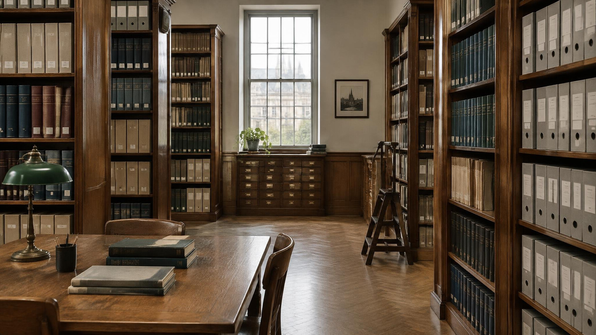 Rows of archival research folders on wooden library shelving